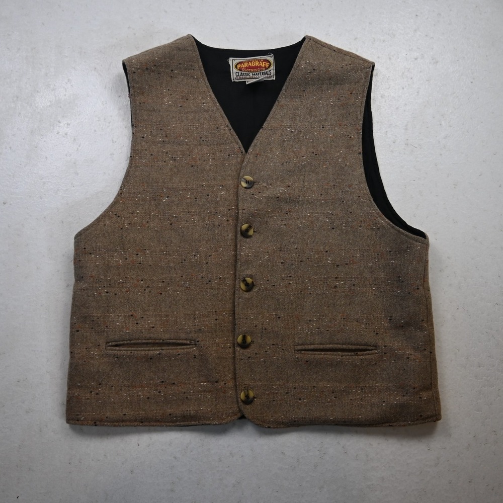 Vtg Paragraff Medium Mens Brown Slub Wool Tweed Button Front Western Vest